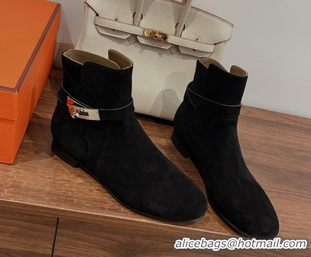 Stylish Hermes Neo Flat Ankle Boots in Suede with Kelly Buckle Black 1023182