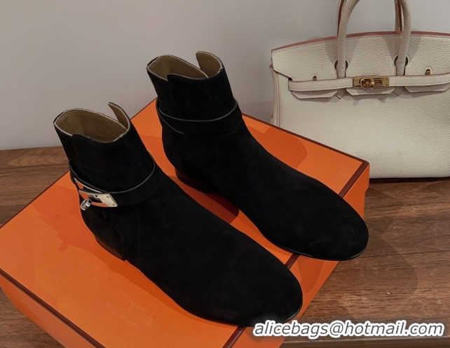 Stylish Hermes Neo Flat Ankle Boots in Suede with Kelly Buckle Black 1023182