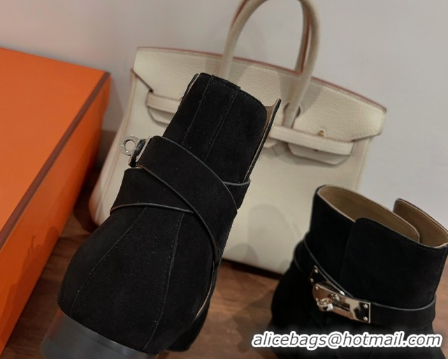 Stylish Hermes Neo Flat Ankle Boots in Suede with Kelly Buckle Black 1023182