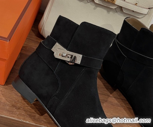 Stylish Hermes Neo Flat Ankle Boots in Suede with Kelly Buckle Black 1023182