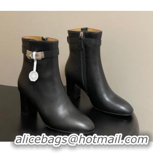 Sophisticated Hermes Saint Germain Heel Ankle Boots 7.5cm in Calfskin Leather with Kelly Buckle Black 1023183