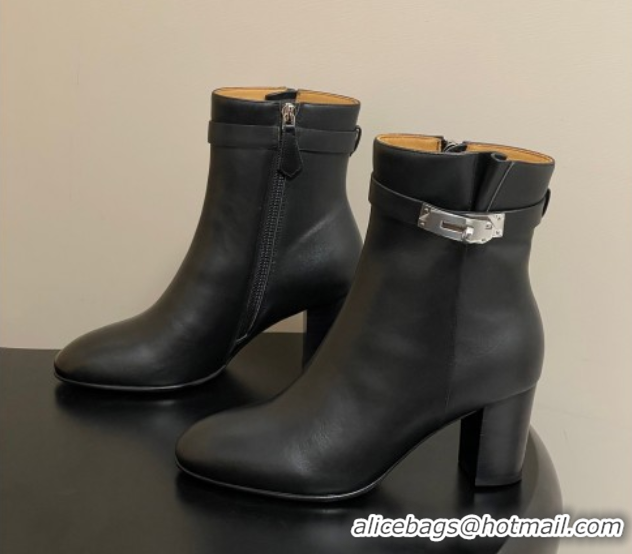 Sophisticated Hermes Saint Germain Heel Ankle Boots 7.5cm in Calfskin Leather with Kelly Buckle Black 1023183