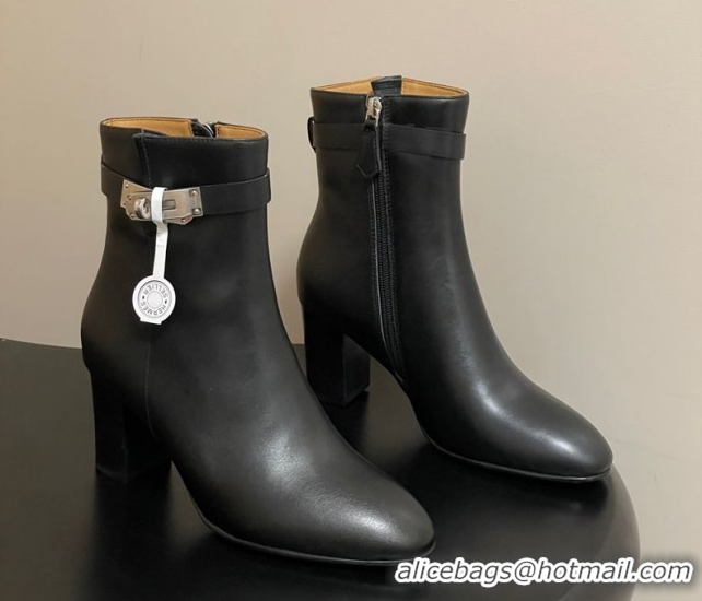 Sophisticated Hermes Saint Germain Heel Ankle Boots 7.5cm in Calfskin Leather with Kelly Buckle Black 1023183
