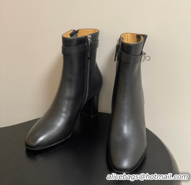Sophisticated Hermes Saint Germain Heel Ankle Boots 7.5cm in Calfskin Leather with Kelly Buckle Black 1023183