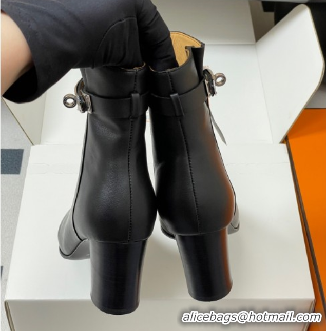 Sophisticated Hermes Saint Germain Heel Ankle Boots 7.5cm in Calfskin Leather with Kelly Buckle Black 1023183