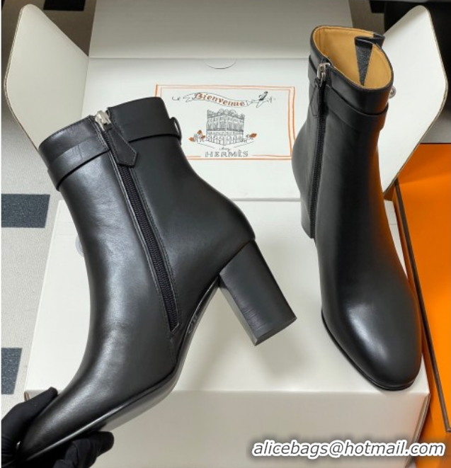 Sophisticated Hermes Saint Germain Heel Ankle Boots 7.5cm in Calfskin Leather with Kelly Buckle Black 1023183