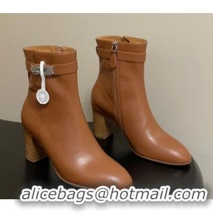 Duplicate Hermes Saint Germain Heel Ankle Boots 7.5cm in Calfskin Leather with Kelly Buckle Brown 1023184
