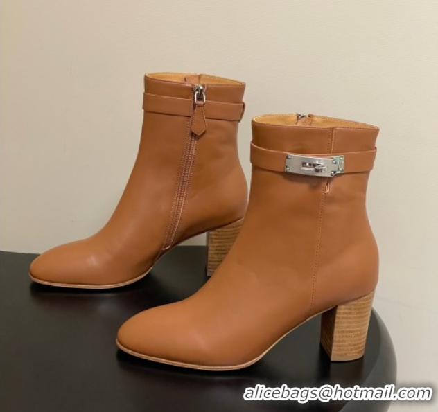 Duplicate Hermes Saint Germain Heel Ankle Boots 7.5cm in Calfskin Leather with Kelly Buckle Brown 1023184