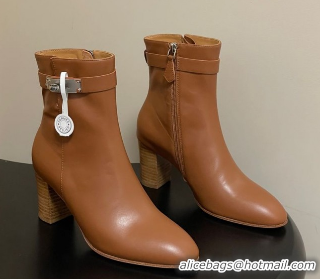 Duplicate Hermes Saint Germain Heel Ankle Boots 7.5cm in Calfskin Leather with Kelly Buckle Brown 1023184
