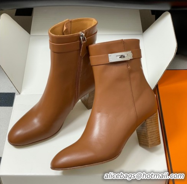 Duplicate Hermes Saint Germain Heel Ankle Boots 7.5cm in Calfskin Leather with Kelly Buckle Brown 1023184