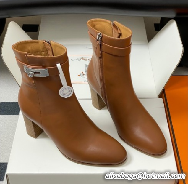 Duplicate Hermes Saint Germain Heel Ankle Boots 7.5cm in Calfskin Leather with Kelly Buckle Brown 1023184