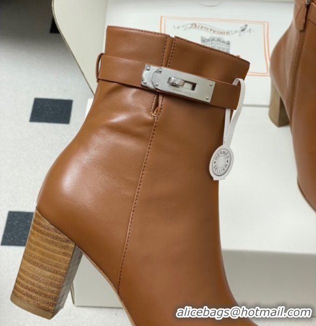 Duplicate Hermes Saint Germain Heel Ankle Boots 7.5cm in Calfskin Leather with Kelly Buckle Brown 1023184