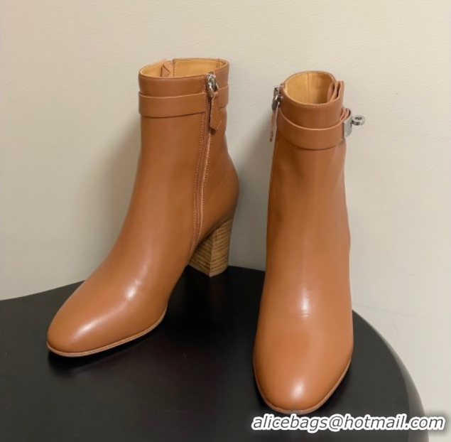Duplicate Hermes Saint Germain Heel Ankle Boots 7.5cm in Calfskin Leather with Kelly Buckle Brown 1023184