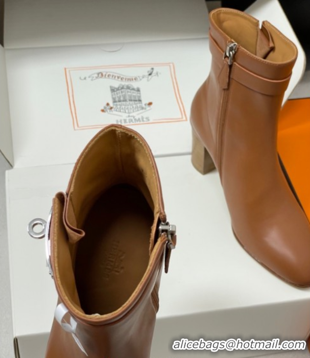 Duplicate Hermes Saint Germain Heel Ankle Boots 7.5cm in Calfskin Leather with Kelly Buckle Brown 1023184