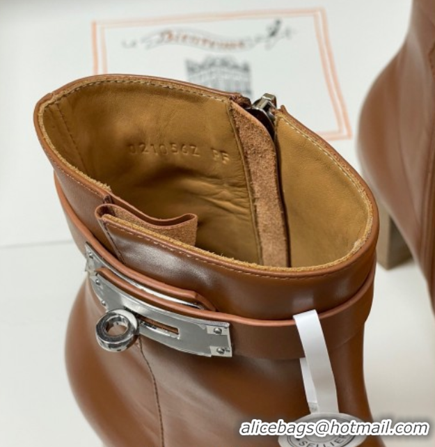 Duplicate Hermes Saint Germain Heel Ankle Boots 7.5cm in Calfskin Leather with Kelly Buckle Brown 1023184