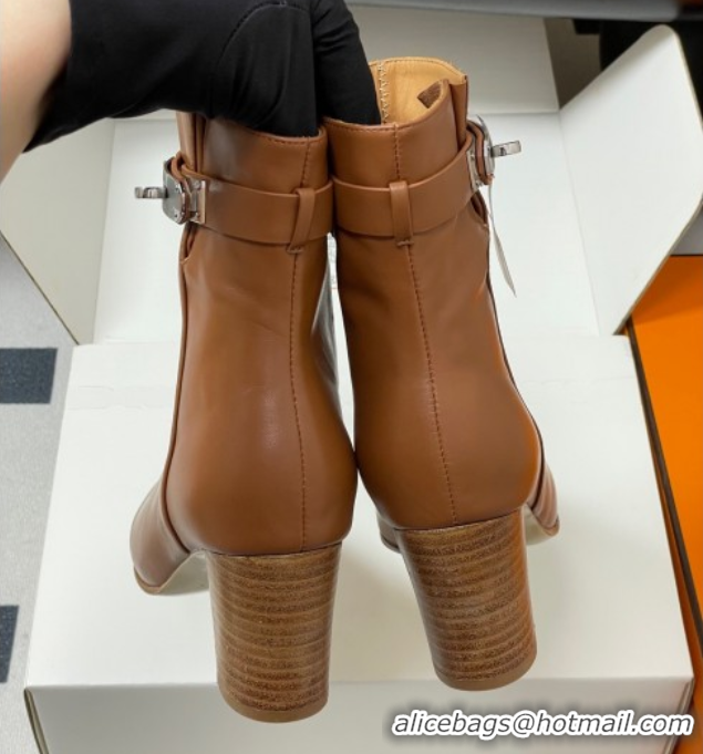 Duplicate Hermes Saint Germain Heel Ankle Boots 7.5cm in Calfskin Leather with Kelly Buckle Brown 1023184