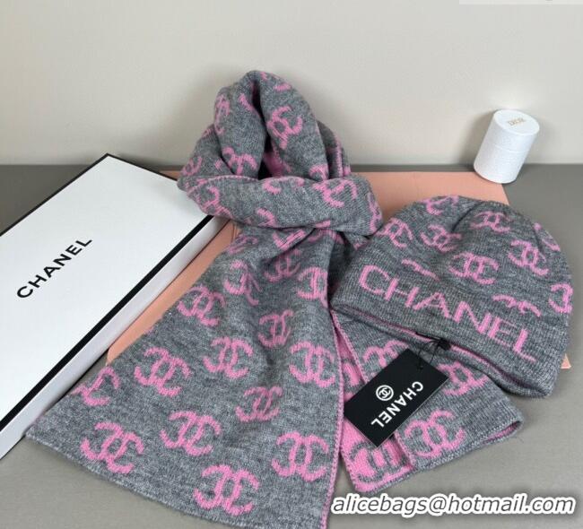Market Sells Chanel CC Allover Hat and Scarf Set CH111108 Grey/Pink 2025
