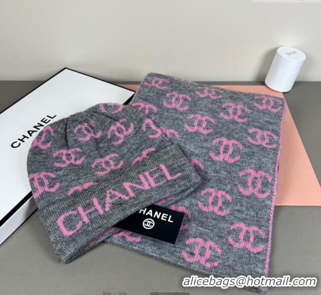 Market Sells Chanel CC Allover Hat and Scarf Set CH111108 Grey/Pink 2025