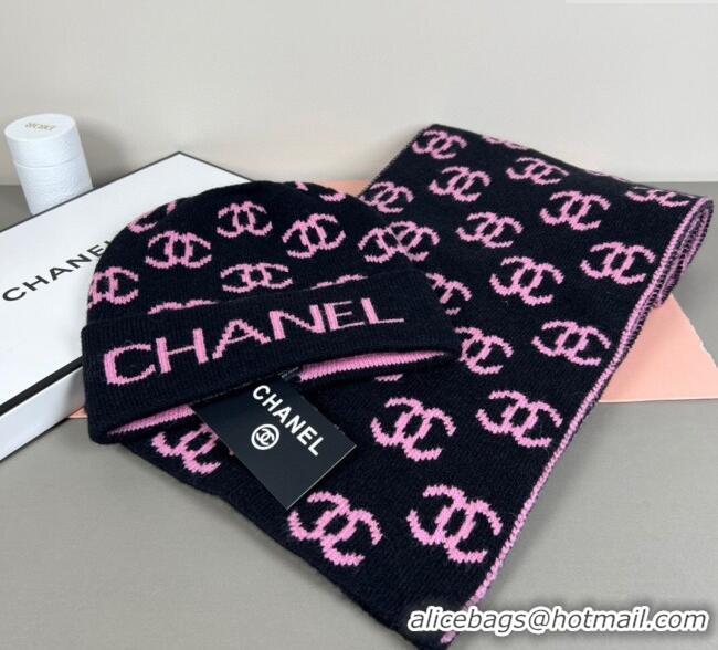 Classic Cheap Chanel CC Allover Hat and Scarf Set CH111108 Black/Pink 2025