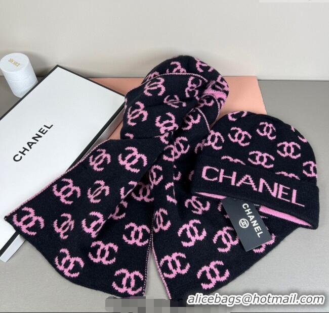 Classic Cheap Chanel CC Allover Hat and Scarf Set CH111108 Black/Pink 2025