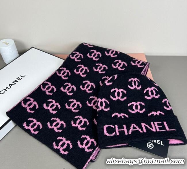 Classic Cheap Chanel CC Allover Hat and Scarf Set CH111108 Black/Pink 2025