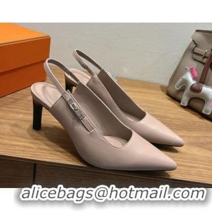 Perfect Hermes Lover Slingback Pumps 8cm in Calfskin Leather with Kelly Buckle Beige Grey H252121 1024002