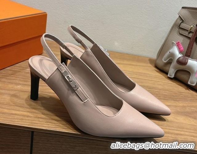 Perfect Hermes Lover Slingback Pumps 8cm in Calfskin Leather with Kelly Buckle Beige Grey H252121 1024002