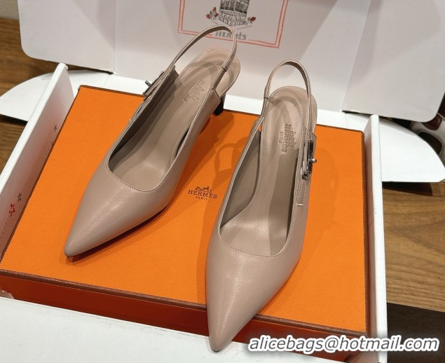 Perfect Hermes Lover Slingback Pumps 8cm in Calfskin Leather with Kelly Buckle Beige Grey H252121 1024002
