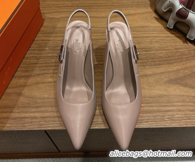 Perfect Hermes Lover Slingback Pumps 8cm in Calfskin Leather with Kelly Buckle Beige Grey H252121 1024002