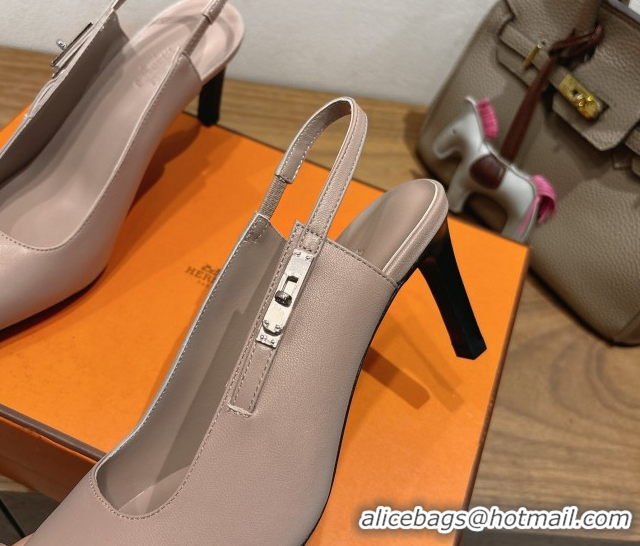 Perfect Hermes Lover Slingback Pumps 8cm in Calfskin Leather with Kelly Buckle Beige Grey H252121 1024002