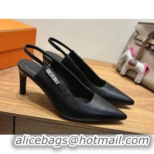 Durable Hermes Lover Slingback Pumps 8cm in Calfskin Leather with Kelly Buckle Black H252121 1024003