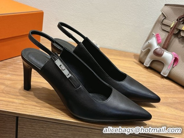 Durable Hermes Lover Slingback Pumps 8cm in Calfskin Leather with Kelly Buckle Black H252121 1024003