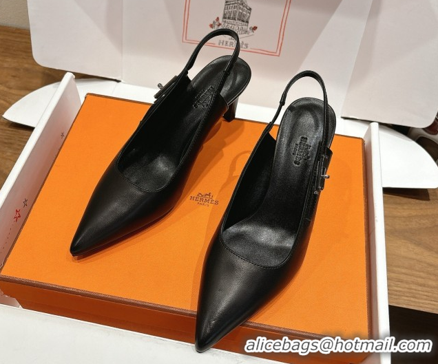 Durable Hermes Lover Slingback Pumps 8cm in Calfskin Leather with Kelly Buckle Black H252121 1024003
