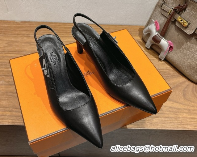 Durable Hermes Lover Slingback Pumps 8cm in Calfskin Leather with Kelly Buckle Black H252121 1024003