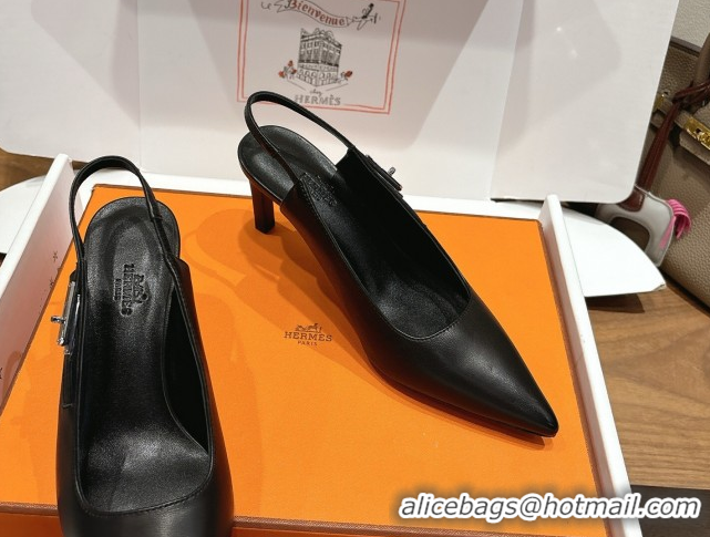 Durable Hermes Lover Slingback Pumps 8cm in Calfskin Leather with Kelly Buckle Black H252121 1024003