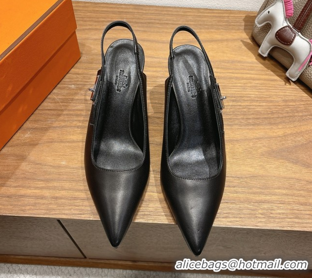 Durable Hermes Lover Slingback Pumps 8cm in Calfskin Leather with Kelly Buckle Black H252121 1024003