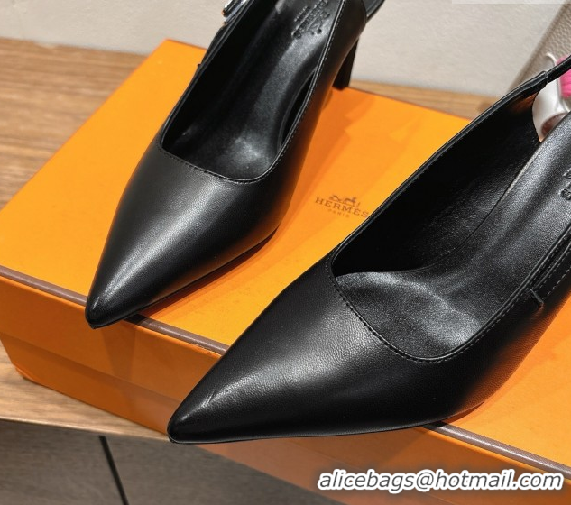 Durable Hermes Lover Slingback Pumps 8cm in Calfskin Leather with Kelly Buckle Black H252121 1024003