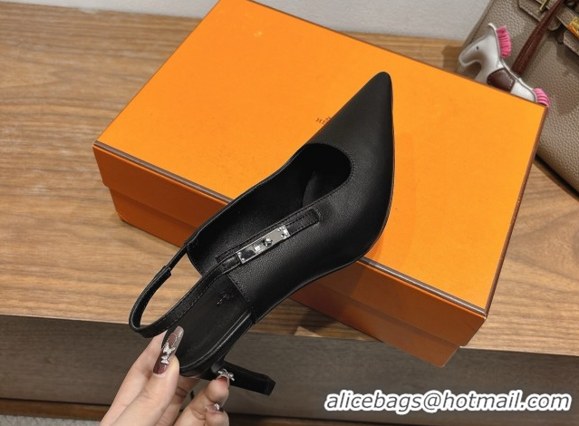 Durable Hermes Lover Slingback Pumps 8cm in Calfskin Leather with Kelly Buckle Black H252121 1024003