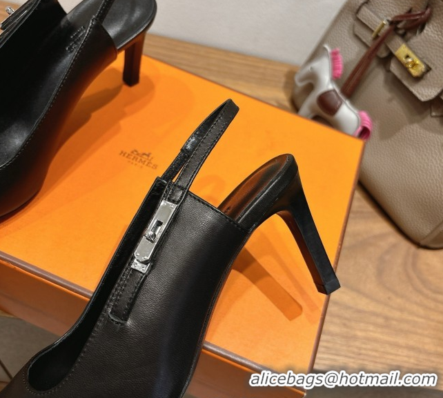 Durable Hermes Lover Slingback Pumps 8cm in Calfskin Leather with Kelly Buckle Black H252121 1024003