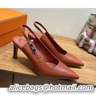 Buy Luxury Hermes Lover Slingback Pumps 8cm in Calfskin Leather with Kelly Buckle Brown H252121 1024004