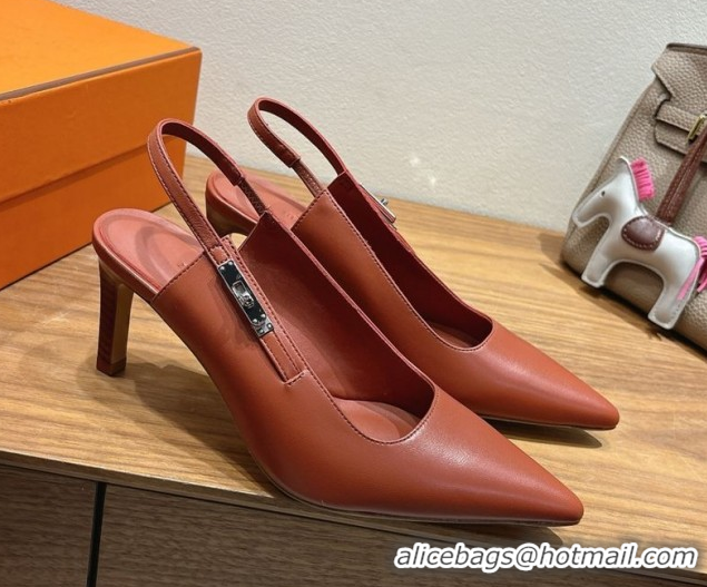 Buy Luxury Hermes Lover Slingback Pumps 8cm in Calfskin Leather with Kelly Buckle Brown H252121 1024004