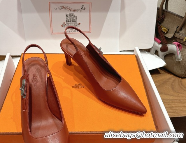 Buy Luxury Hermes Lover Slingback Pumps 8cm in Calfskin Leather with Kelly Buckle Brown H252121 1024004