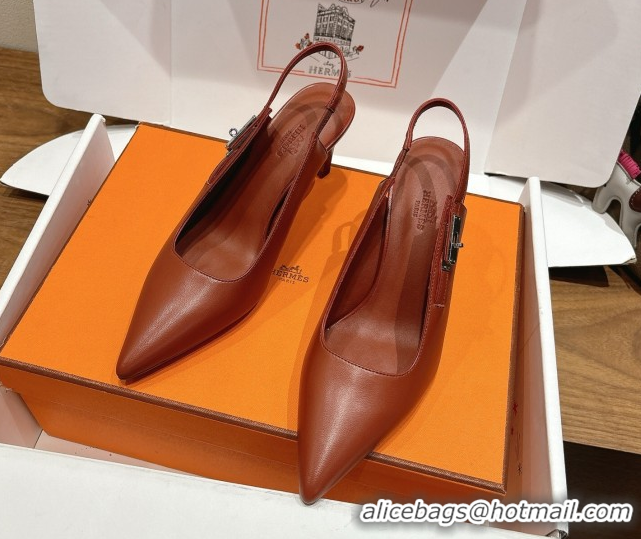 Buy Luxury Hermes Lover Slingback Pumps 8cm in Calfskin Leather with Kelly Buckle Brown H252121 1024004