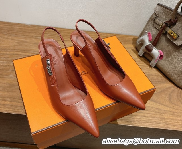 Buy Luxury Hermes Lover Slingback Pumps 8cm in Calfskin Leather with Kelly Buckle Brown H252121 1024004