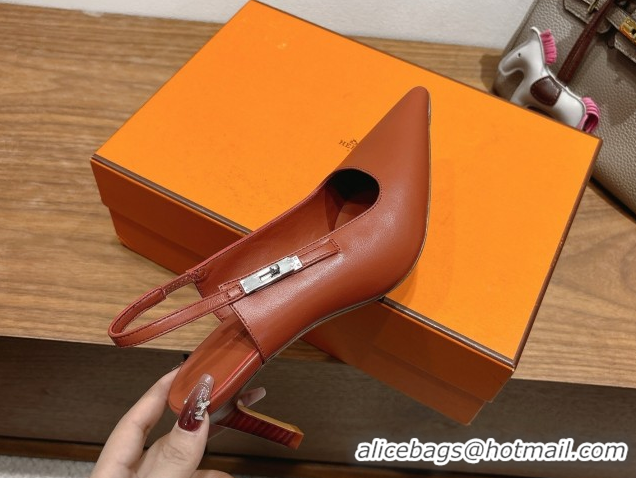 Buy Luxury Hermes Lover Slingback Pumps 8cm in Calfskin Leather with Kelly Buckle Brown H252121 1024004