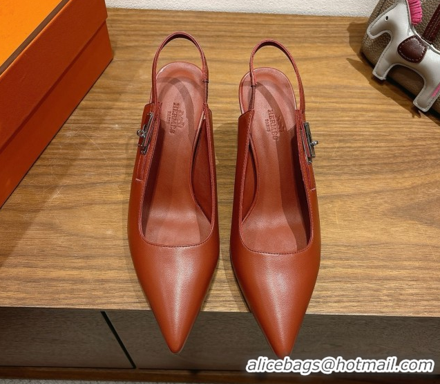 Buy Luxury Hermes Lover Slingback Pumps 8cm in Calfskin Leather with Kelly Buckle Brown H252121 1024004