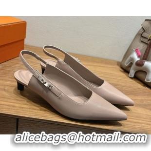 Luxury Hermes Lover Slingback Pumps 4cm in Calfskin Leather with Kelly Buckle Beige Grey H252121 1024006