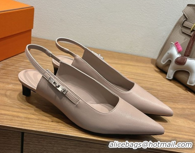 Luxury Hermes Lover Slingback Pumps 4cm in Calfskin Leather with Kelly Buckle Beige Grey H252121 1024006