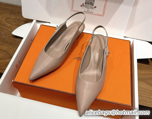 Luxury Hermes Lover Slingback Pumps 4cm in Calfskin Leather with Kelly Buckle Beige Grey H252121 1024006