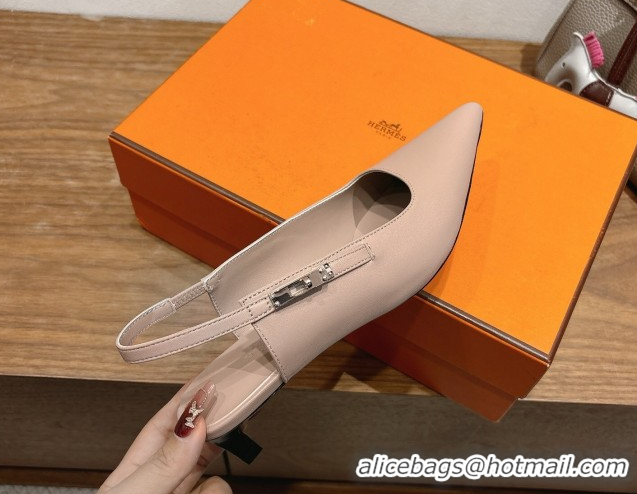 Luxury Hermes Lover Slingback Pumps 4cm in Calfskin Leather with Kelly Buckle Beige Grey H252121 1024006
